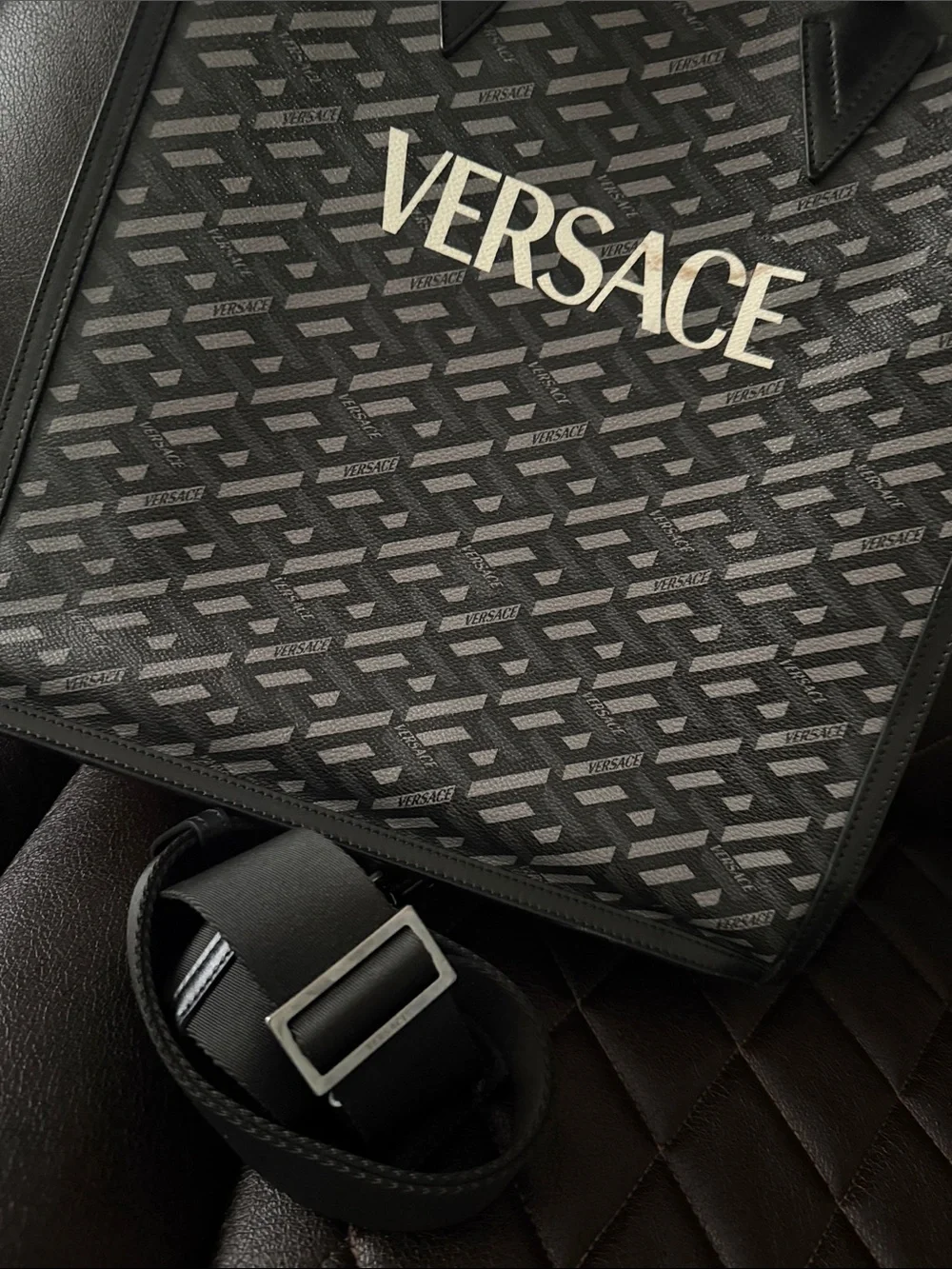 Versace Black and Gray Patterned Messenger Tote with Gold Logo